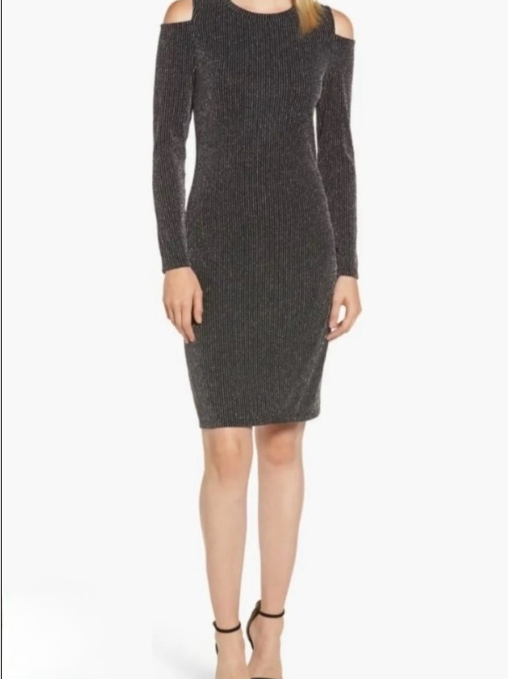 Michael Kors Black and Silver Metallic Striped Cold-Shoulder Ribbed Dress